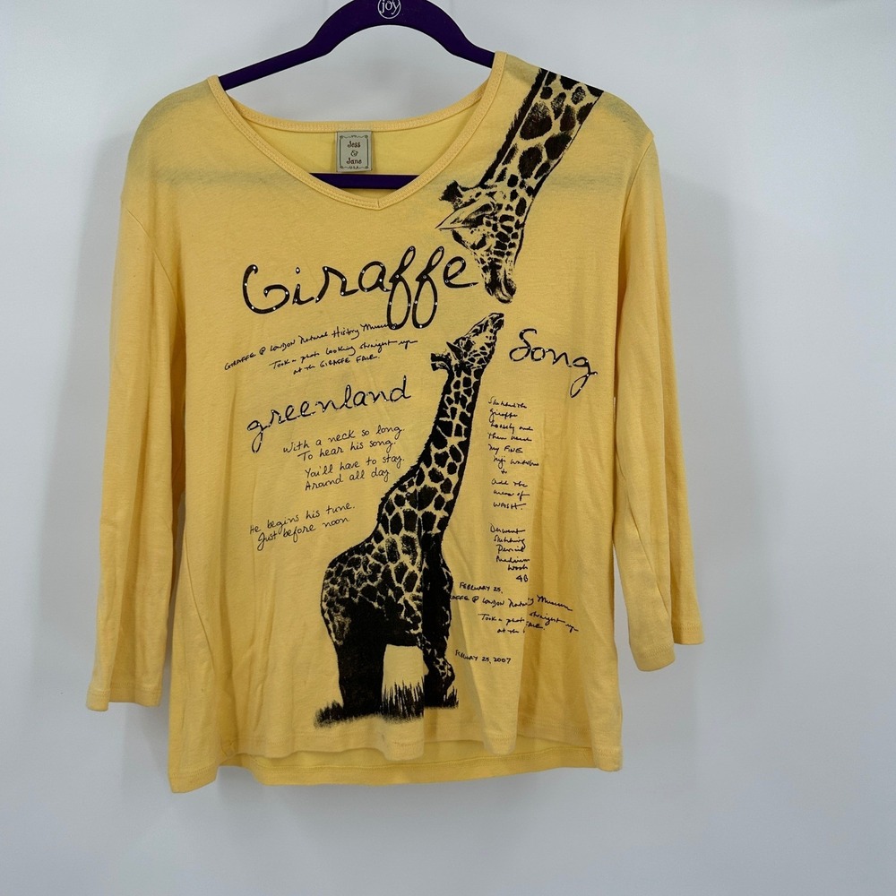 Jess & Jane Womens Giraffe Safari Boho Top Size L Artsy Quirky Whimsical Yellow